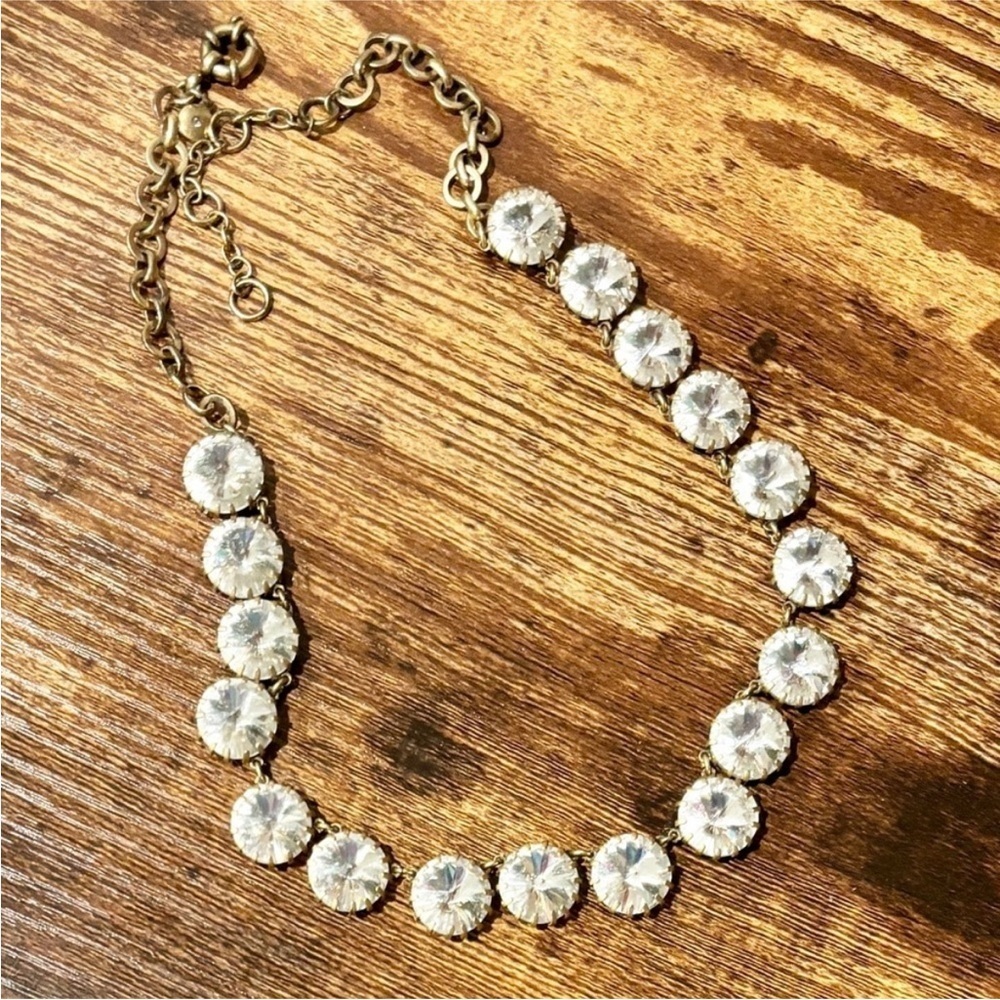 J. CREW | Round Clear Gemstone Raindrop Antique Brassy Gold Clasp Y2K Necklace